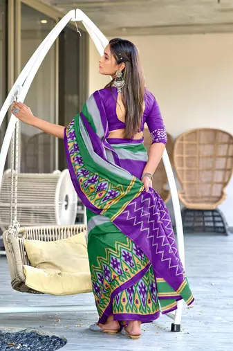Purple mulcotton block print saree with unstitched blouse piece