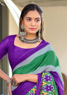 Purple mulcotton block print saree with unstitched blouse piece 4