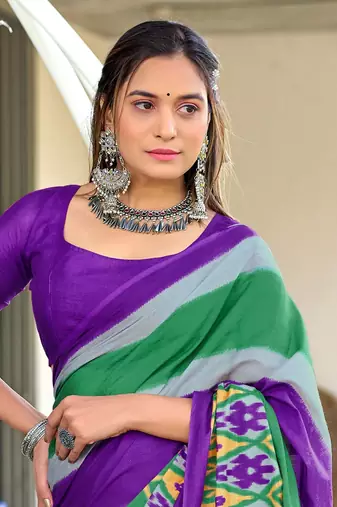 Purple mulcotton block print saree with unstitched blouse piece