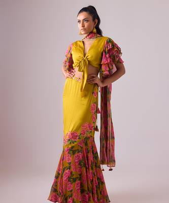 Yellow Floral Floral Printed Lehenga With Blouse And Dupatta 1