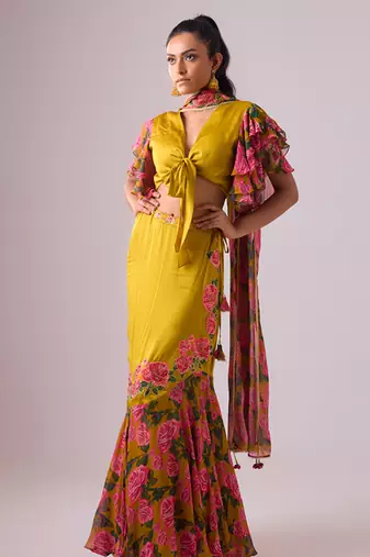 Yellow Floral Floral Printed Lehenga With Blouse And Dupatta