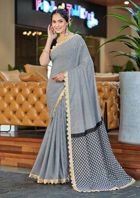 White black mulcotton print lace embroidery saree with unstitched blouse 1