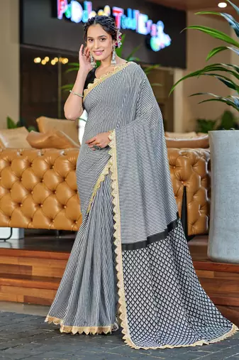 White black mulcotton print lace embroidery saree with unstitched blouse