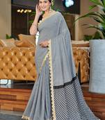 White black mulcotton print lace embroidery saree with unstitched blouse