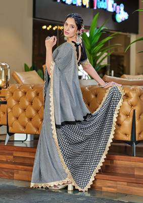 White black mulcotton print lace embroidery saree with unstitched blouse 2