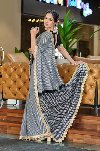 White black mulcotton print lace embroidery saree with unstitched blouse
