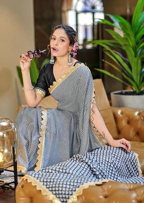 White black mulcotton print lace embroidery saree with unstitched blouse 3