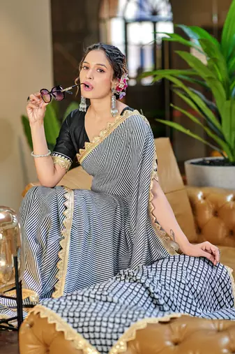 White black mulcotton print lace embroidery saree with unstitched blouse