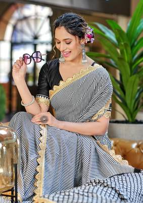 White black mulcotton print lace embroidery saree with unstitched blouse 4