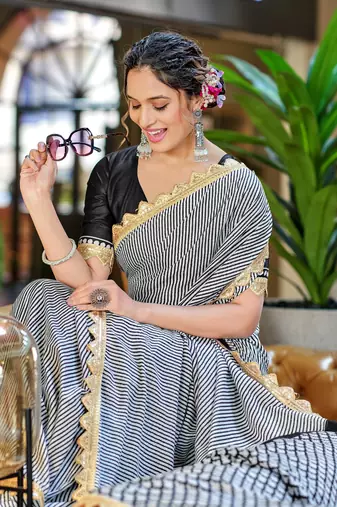 White black mulcotton print lace embroidery saree with unstitched blouse