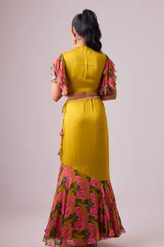 Yellow Floral Floral Printed Lehenga With Blouse And Dupatta