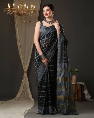 Black and grey silk blend checks style saree with blouse 1