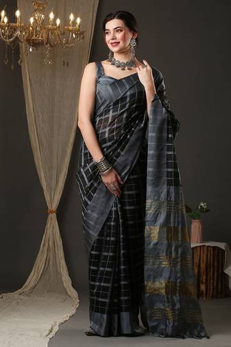 Black and grey silk blend checks style saree with blouse