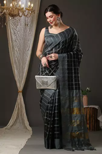 Black and grey silk blend checks style saree with blouse