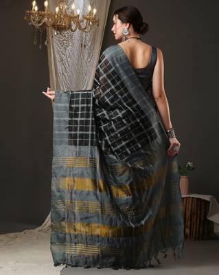 Black and grey silk blend checks style saree with blouse 3