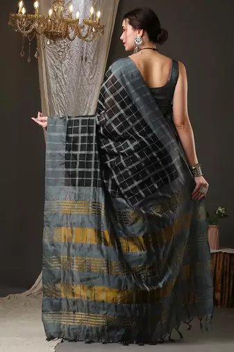 Black and grey silk blend checks style saree with blouse