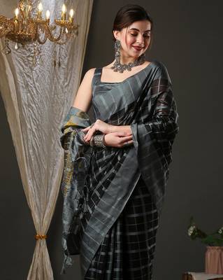 Black and grey silk blend checks style saree with blouse 4