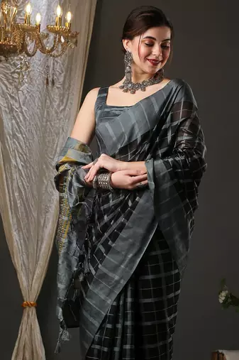 Black and grey silk blend checks style saree with blouse