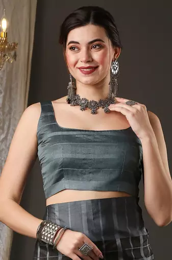 Black and grey silk blend checks style saree with blouse