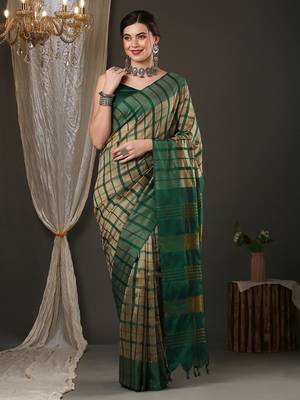 Cream and green silk blend checks style saree with blouse 1