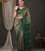 Cream and green silk blend checks style saree with blouse