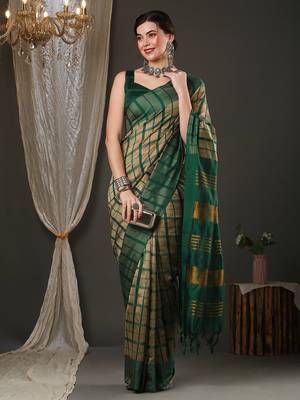 Cream and green silk blend checks style saree with blouse 2