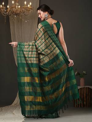 Cream and green silk blend checks style saree with blouse 3