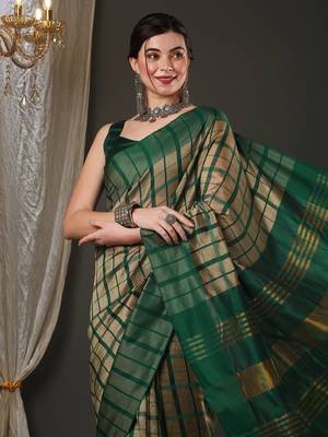 Cream and green silk blend checks style saree with blouse 4