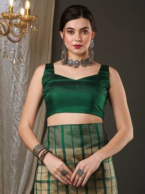 Cream and green silk blend checks style saree with blouse 5
