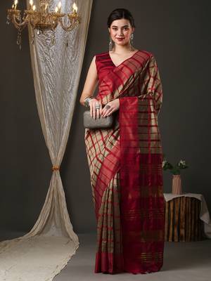 Cream and red silk blend checks style saree with blouse piece 1