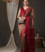 Cream and red silk blend checks style saree with blouse piece