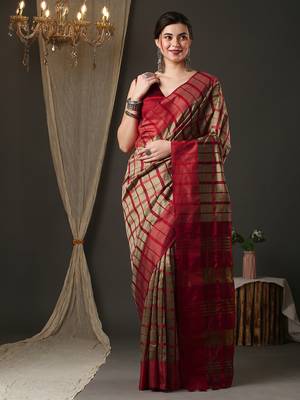 Cream and red silk blend checks style saree with blouse piece 2