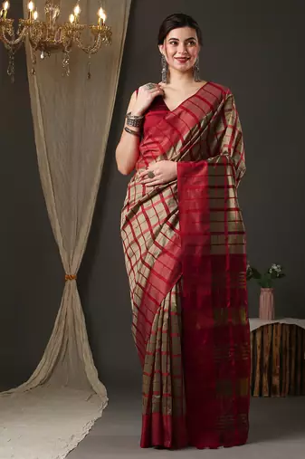 Cream and red silk blend checks style saree with blouse piece