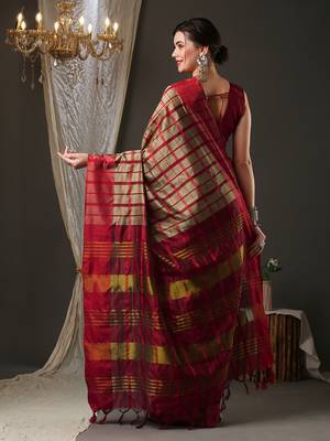 Cream and red silk blend checks style saree with blouse piece 3