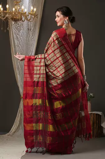 Cream and red silk blend checks style saree with blouse piece
