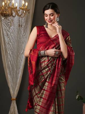 Cream and red silk blend checks style saree with blouse piece 4