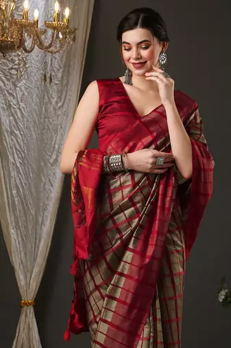 Cream and red silk blend checks style saree with blouse piece