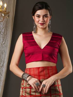 Cream and red silk blend checks style saree with blouse piece 5