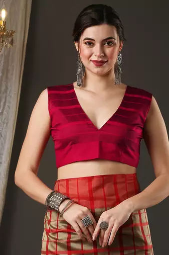 Cream and red silk blend checks style saree with blouse piece