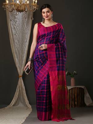 Blue and pink silk blend checks style saree with blouse 1