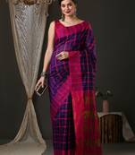 Blue and pink silk blend checks style saree with blouse