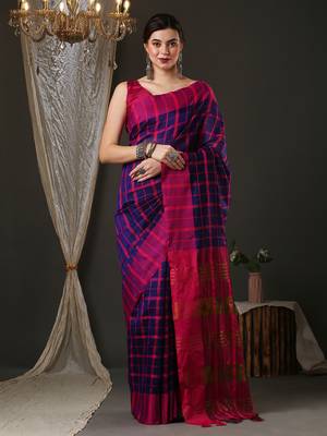 Blue and pink silk blend checks style saree with blouse 2