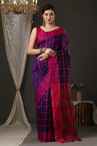 Blue and pink silk blend checks style saree with blouse