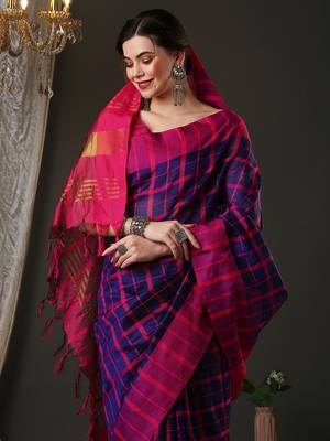 Blue and pink silk blend checks style saree with blouse 3