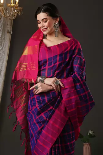 Blue and pink silk blend checks style saree with blouse