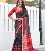 Black mulcotton ikat print saree with unstitched blouse piece