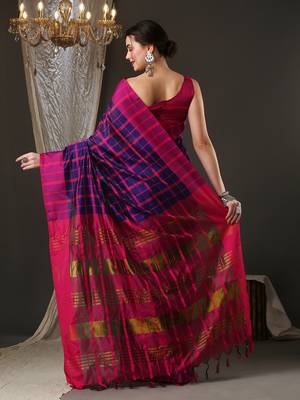 Blue and pink silk blend checks style saree with blouse 4