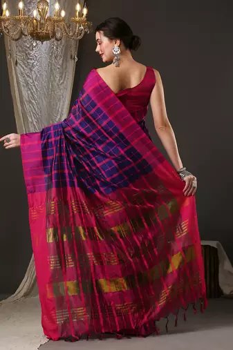 Blue and pink silk blend checks style saree with blouse