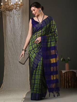 Green and blue silk blend checks style saree with blouse 1