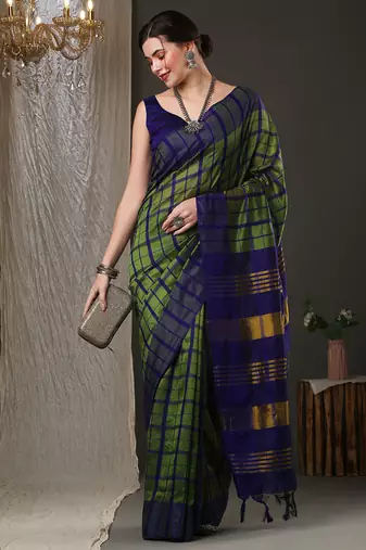 Green and blue silk blend checks style saree with blouse
